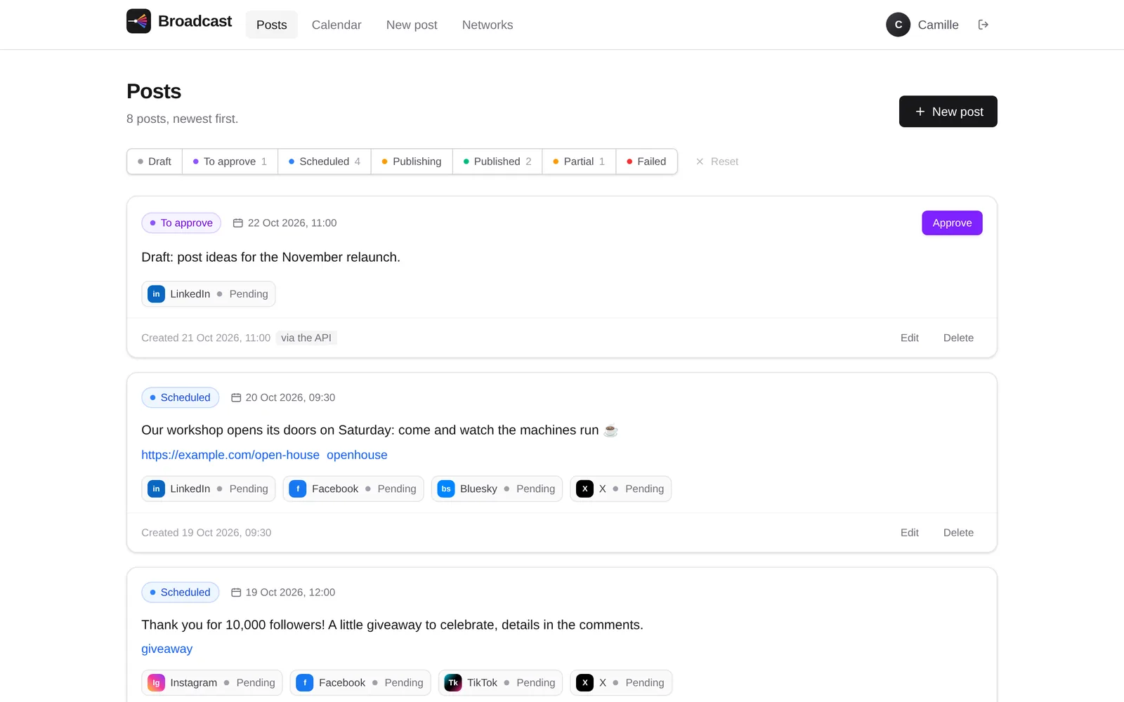 The list of published and scheduled posts