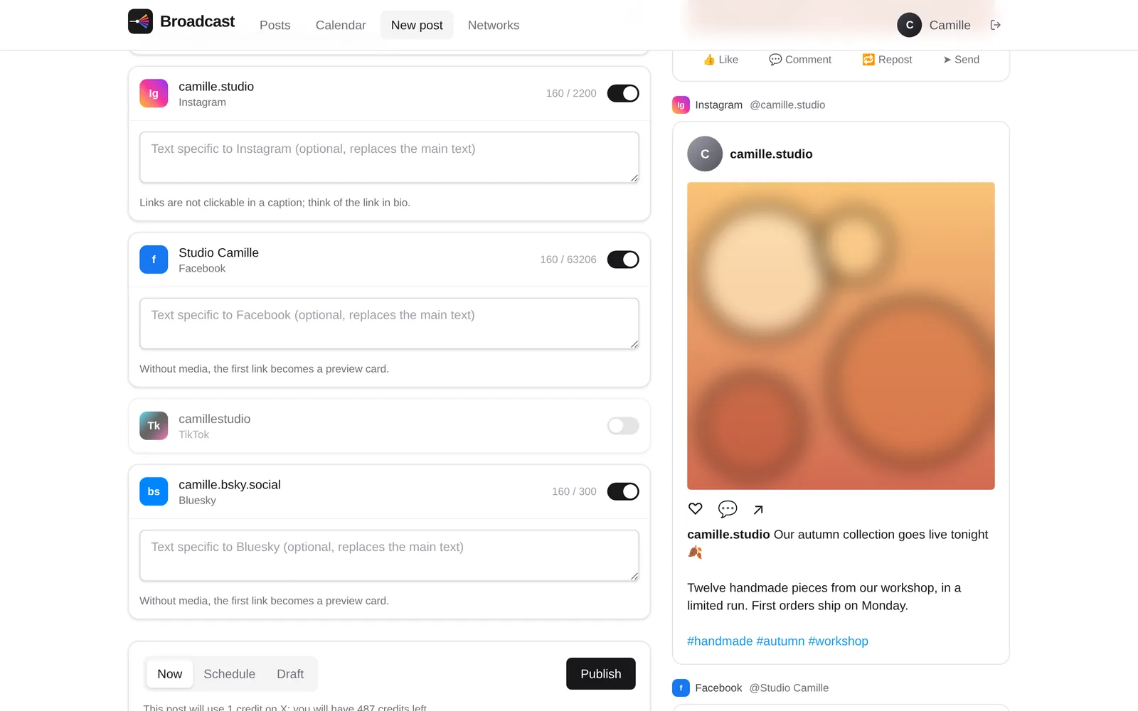 Previews of the same post on X, LinkedIn and Bluesky