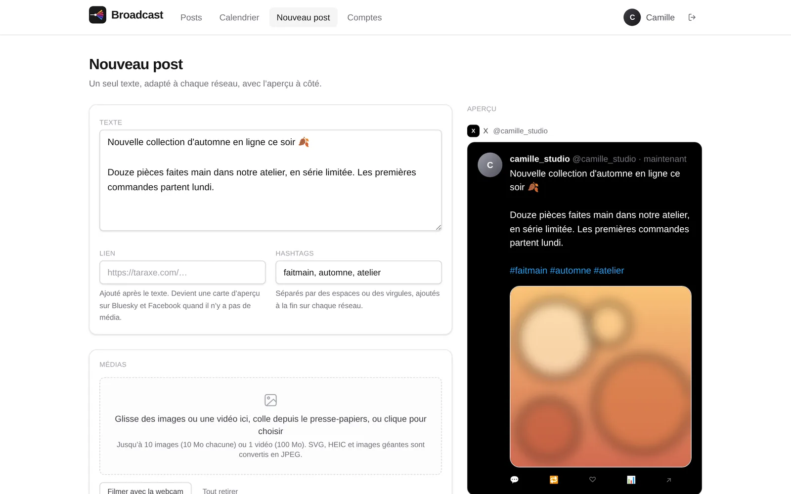 L’éditeur de Broadcast avec un post prêt pour plusieurs réseaux