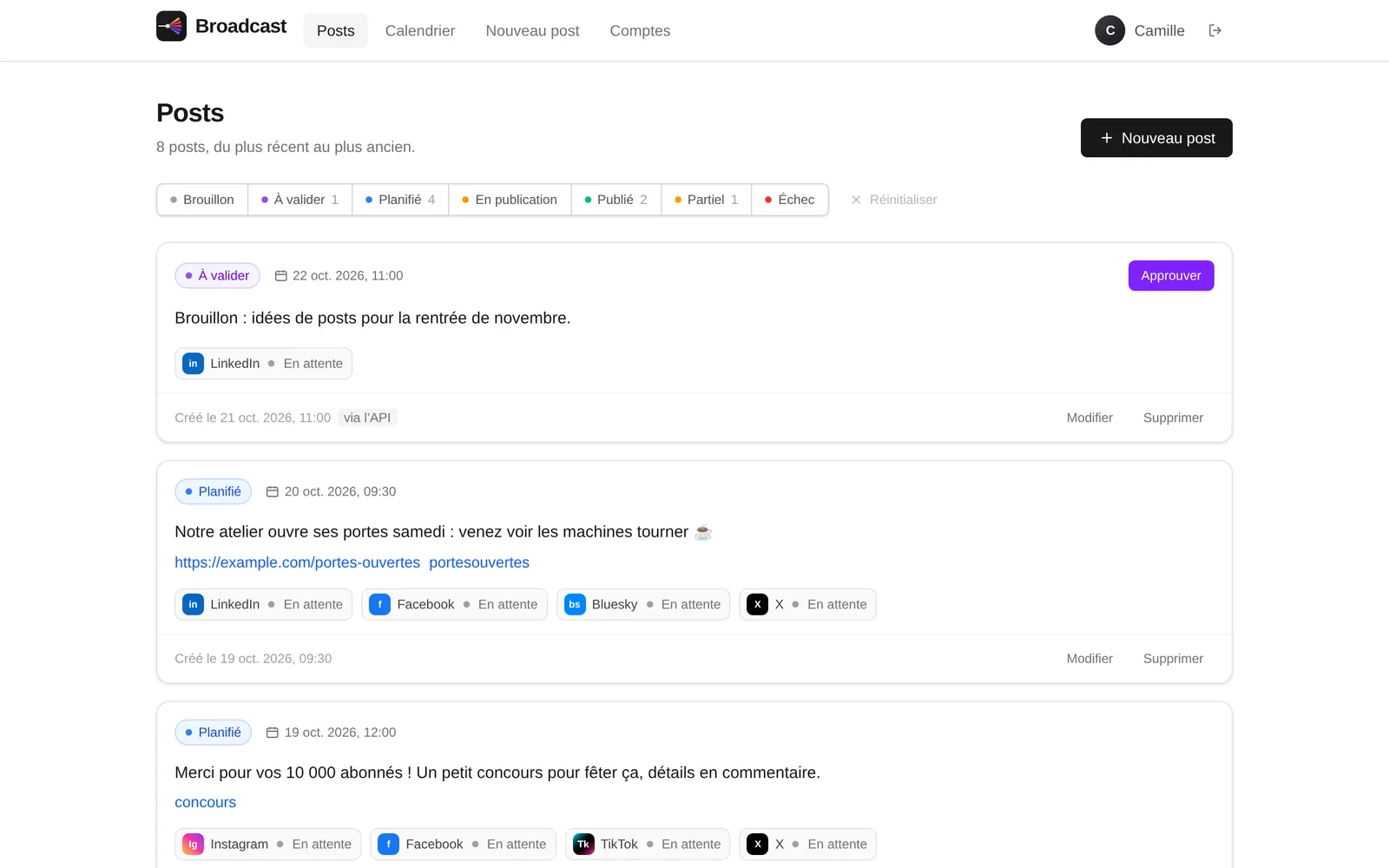 La liste des posts publiés et planifiés