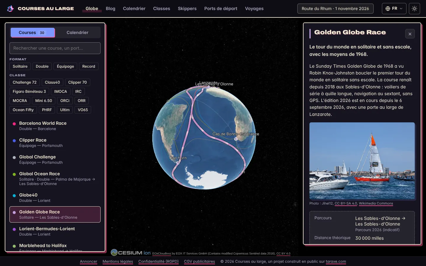 Le parcours de la Golden Globe Race autour du monde, par le cap de Bonne-Espérance et le cap Horn, avec sa fiche à droite.