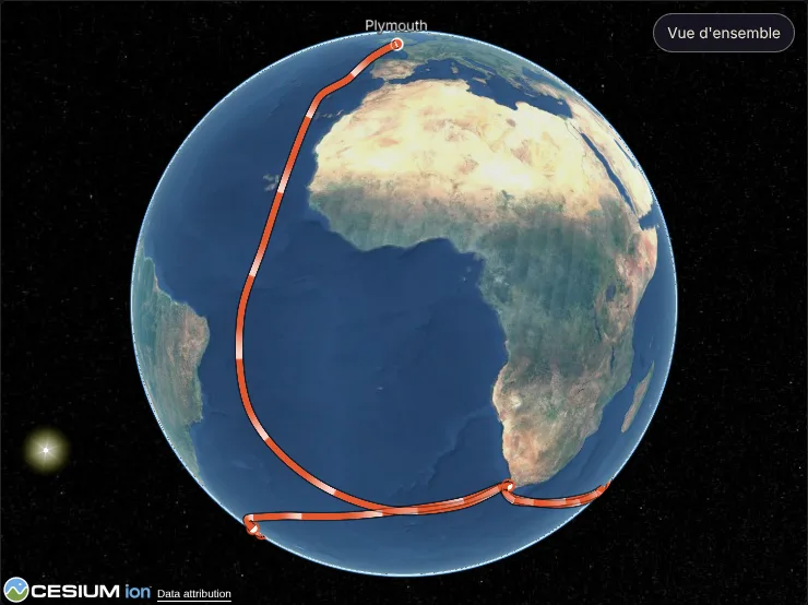 Le parcours de Bernard Moitessier tracé en rouge sur le globe, de Plymouth jusqu'au sud de l'Afrique.